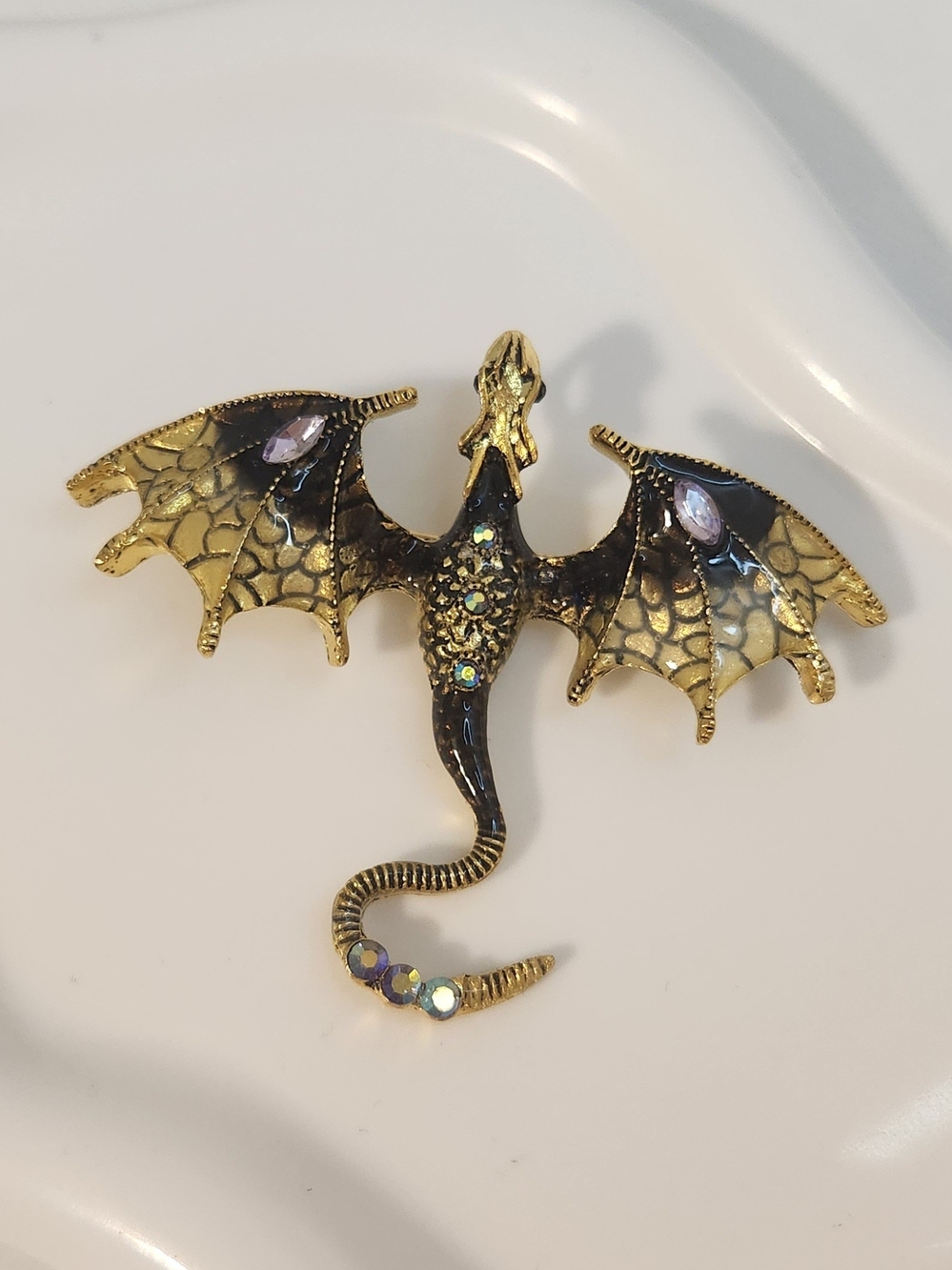 Gold Enamel Dragon Pendant Brooch with Iridescent Gems